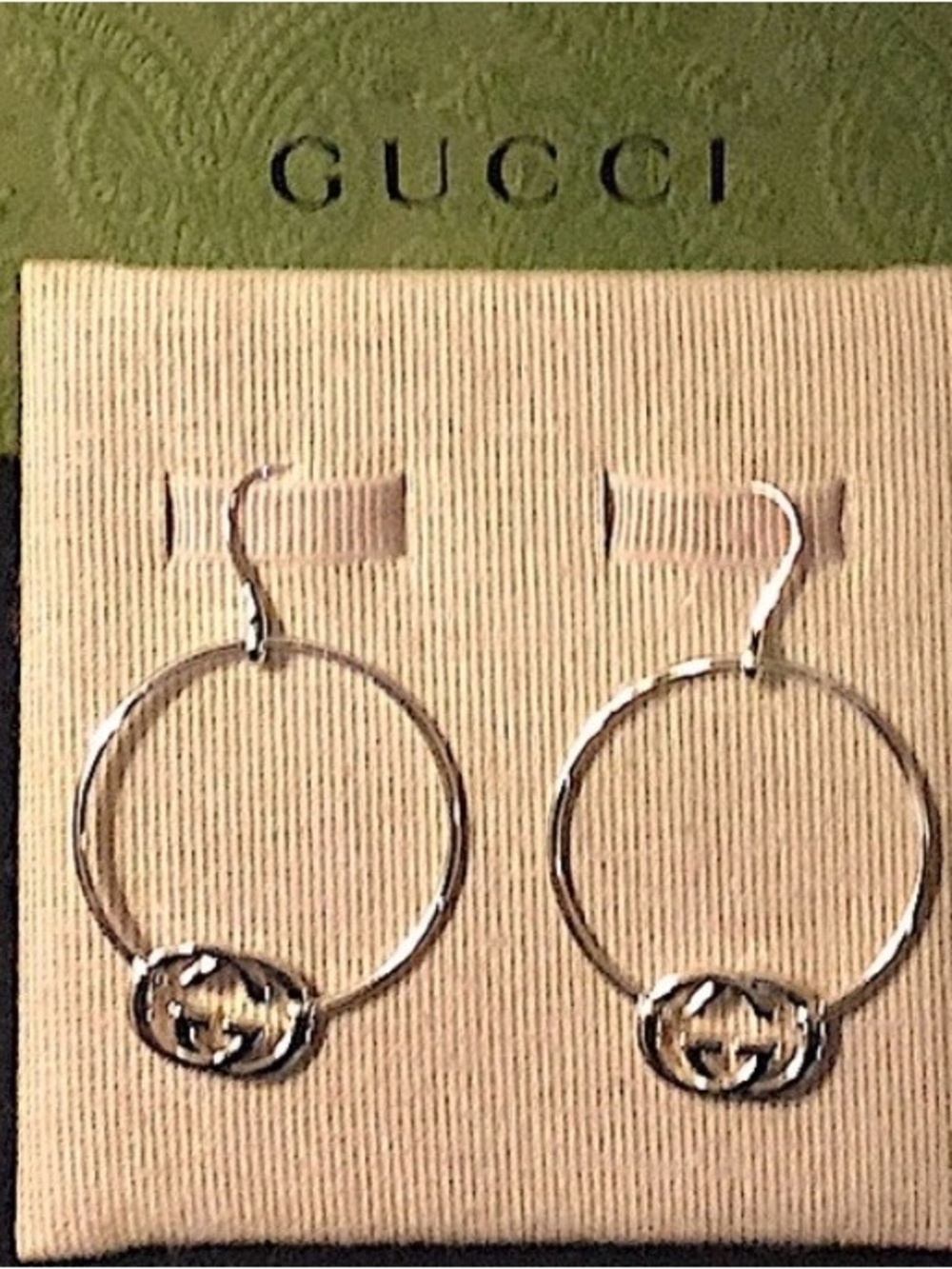 Authentic Gucci Silver Hoop Earrings with Interlocking G Charm